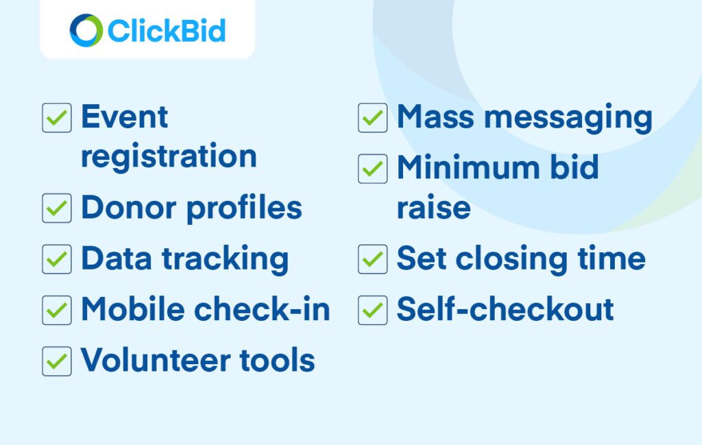 This image lists some of the key features to look for in nonprofit mobile bidding software.
